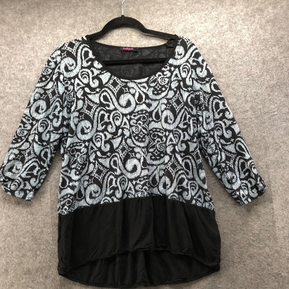 Fresh Produce Tunic Top Womens Large Black Blue Abstract Print High Low Hem Boho